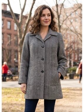 Herman Kay Gray Wool Blend Herringbone Coat Made in USA